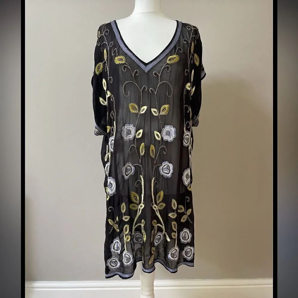 Free People | Sheer Black Floral Tunic Dress Cover Up Embroidered Beads | XS